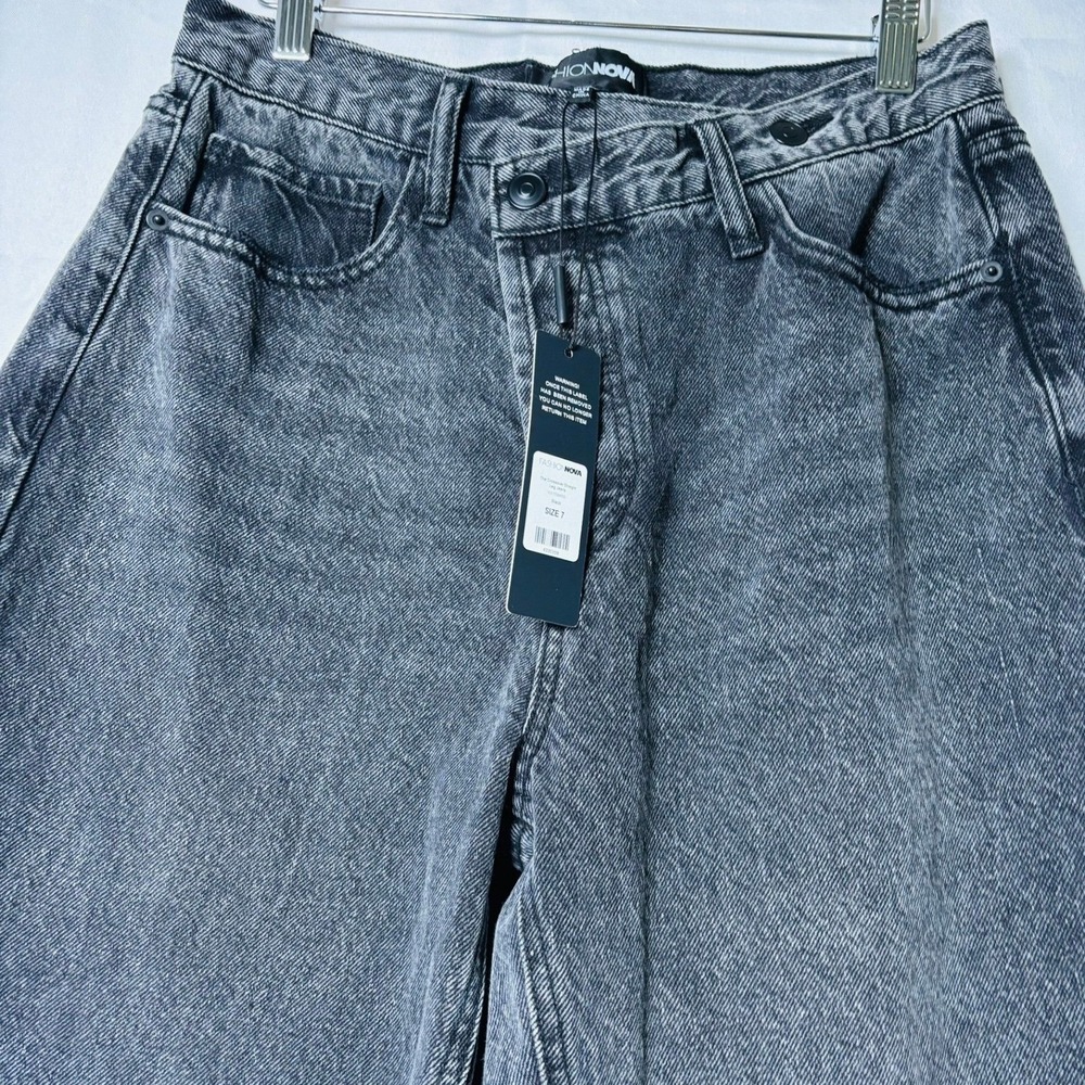 *NWT* Fashion Nova Straight Leg Jeans Women Sz. 7 Grey Crossover Button Fly - Picture 5 of 5